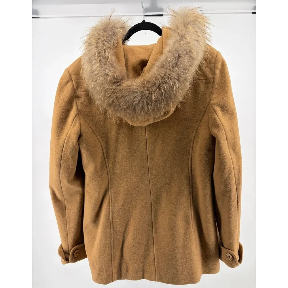 VTG Mackintosh Camel Wool Coat Hooded 100% Raccoon‎ Fur Full Zip Warm Coat 16